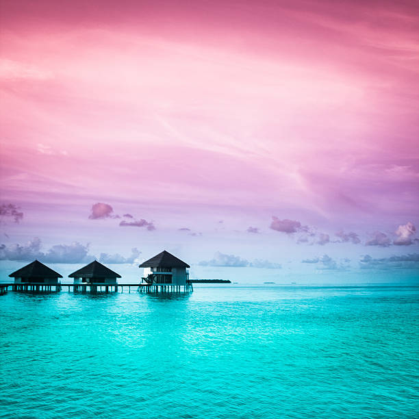 Maldives perfect paradise beach with wooden bridge jetty and turquoise sea