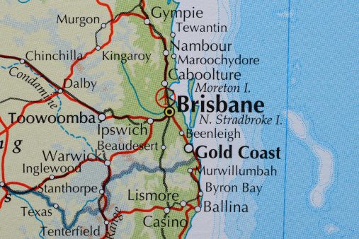 Atlas map showing the Australian city of Brisbane and the Gold Coast