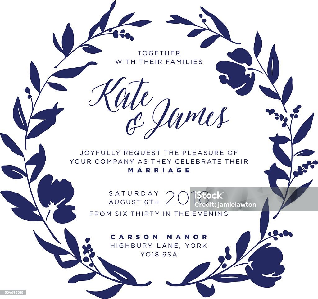 Wedding Invitation - Navy Floral Wreath An elegant floral wreath wedding invitation. The leaves, branches, berries and flowers are all individual design elements allowing you to easily customise the arrangement or colour to be more personal to you. This vector illustration can be scaled and printed at any size without loss of quality. Flower stock vector