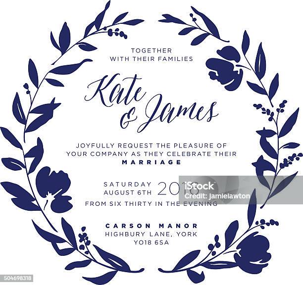 Wedding Invitation Navy Floral Wreath Stock Illustration - Download Image Now - Flower, Wreath, Laurel Wreath