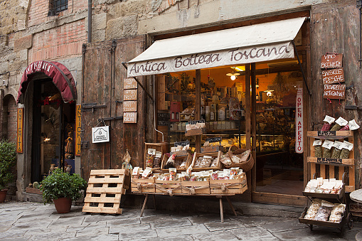 Arezzo, Italy  - January 9, 2016: Antica Bottega Toscana, one of the oldest shops of the city of Arezzo where are sold the most typical alimentary products of Tuscany.
