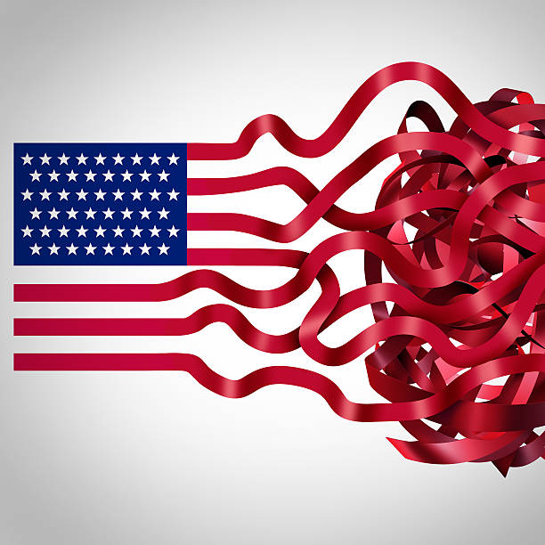 Government Red Tape Government red tape concept and American bureaucracy symbol as an icon of the flag of the United States with the red stripes getting tangled in confusion as a metaphor for political and administration inefficiency. bureaucracy photos stock pictures, royalty-free photos & images