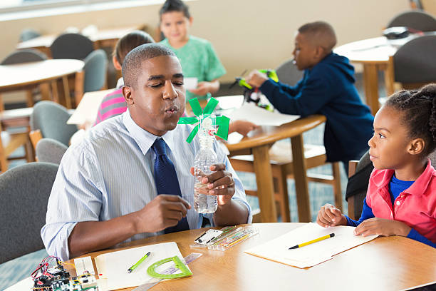 istock Male teacher explaining wind energy to elementary students in class 504703854