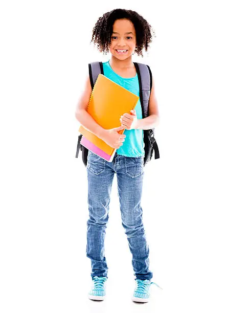 Happy young female student with a notebook - isolated over white