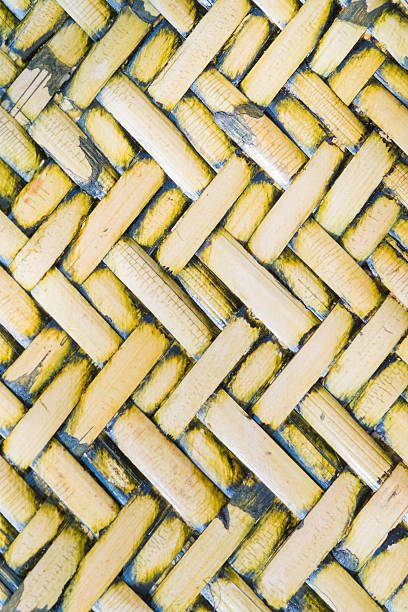 Pattern of Thai style bamboo handcraft background Detail close up view of a uniform golden woven basket using natural branch materials.Pattern of Thai style bamboo handcraft texture background interlace format stock pictures, royalty-free photos & images