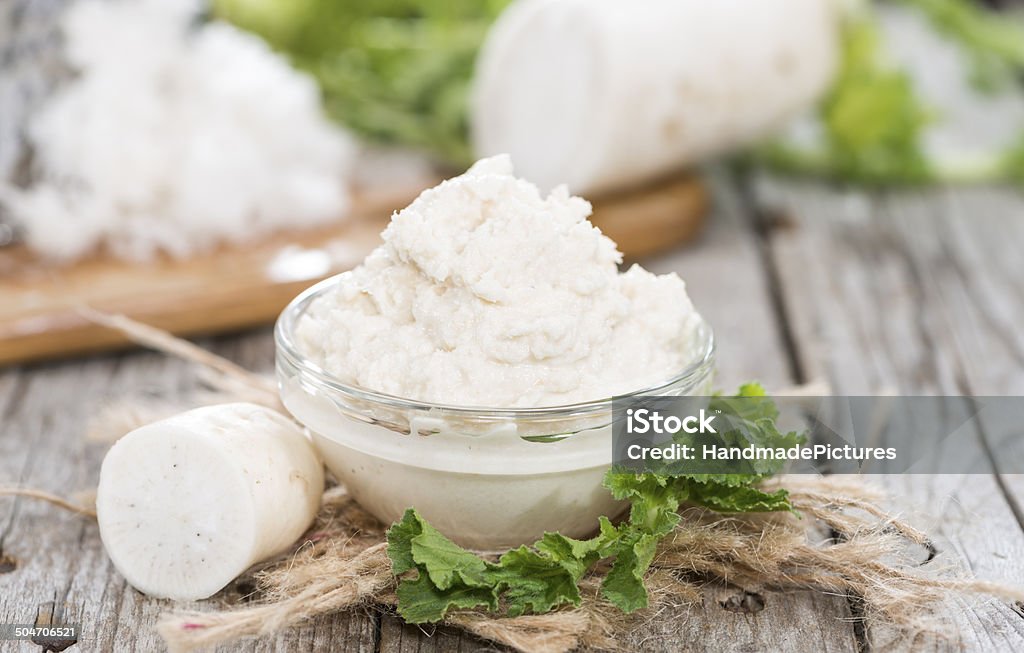 Small portion of Horseradish Sauce Small portion of Horseradish Sauce on wooden background Horseradish Stock Photo