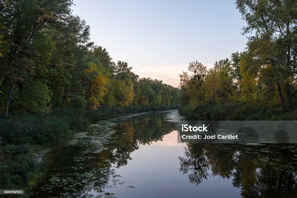 Autumn trees reflected in water - Kiev, Ukraine Autumn leaves begin to appear on trees in late September on Trukhaniv Island in Kiev, Ukraine. Autumn Stock Photo