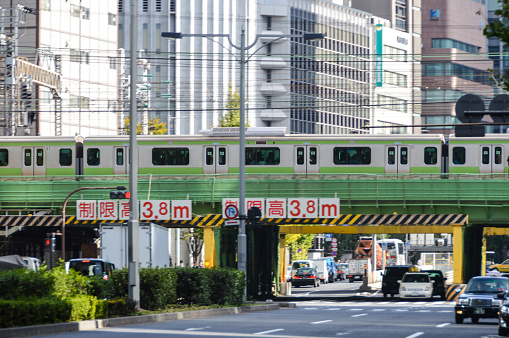 Tokyo, Japan - November 21, 2015: Train passing through Shinjuku. Shinjuku is one of Tokyo's business districts with many international corporate headquarters located here. It is also a famous entertainment area. 