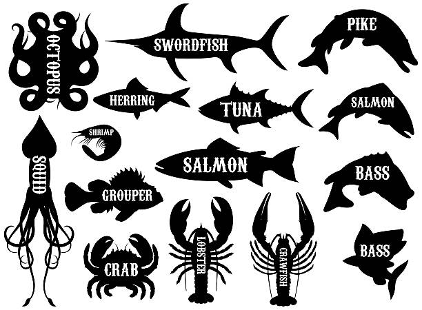 ilustrações de stock, clip art, desenhos animados e ícones de monocromático vector conjunto de silhuetas de produtos do mar - tuna silhouette fish saltwater fish