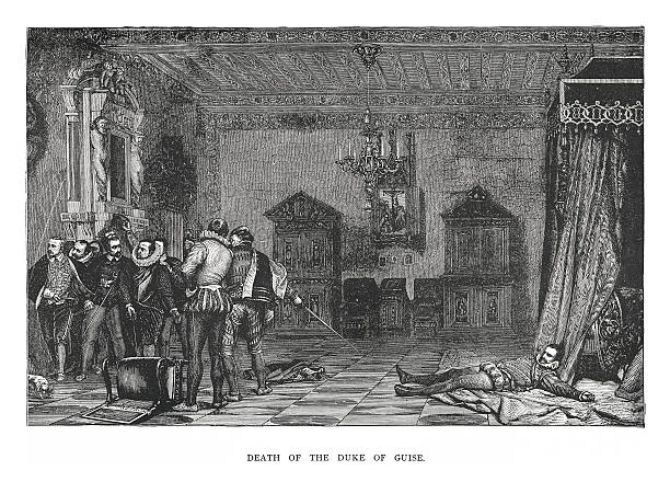ilustraciones, imágenes clip art, dibujos animados e iconos de stock de la muerte del duque de aspecto antiguo (grabado) - enrique iii de inglaterra