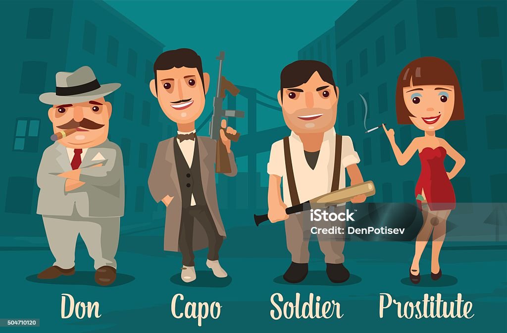 Set of characters Mafia. Don, capo, soldier, prostitute. Vector flat illustration on background of city streets Godfather - Godparent stock vector