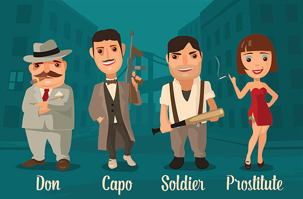 Set of characters Mafia. Don, capo, soldier, prostitute. Vector flat illustration on background of city streets mob boss stock illustrations