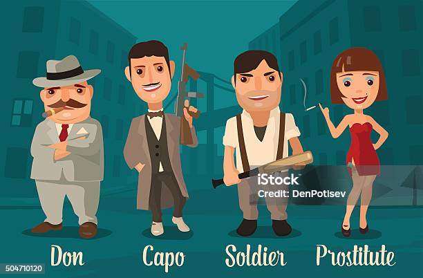 Set Of Characters Mafia Don Capo Soldier Prostitute Stock Illustration - Download Image Now