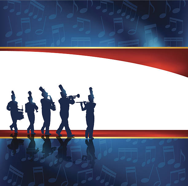 Marching Band Background Tight graphic silhouette illustrations of the Marching Band. Drummer, Mellophone, Trumpet and Saxophone. Use with or without the grunge. Scale to any size. Check out my "Marching Band Vector" light box for more. pics of a marching band stock illustrations