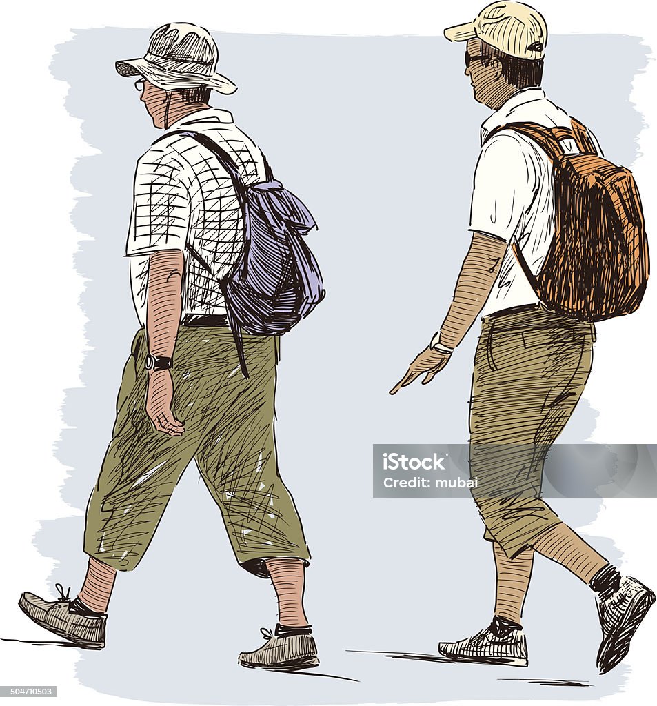 walking men Vector drawing of the two hiking tourisis. Backpack stock vector