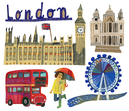 Hand drawn landmarks and transport of London UK. Female with umbrella
