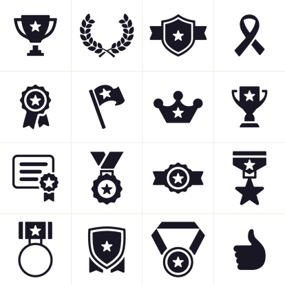 Awards, trophies, medals and prize symbols and icons.
