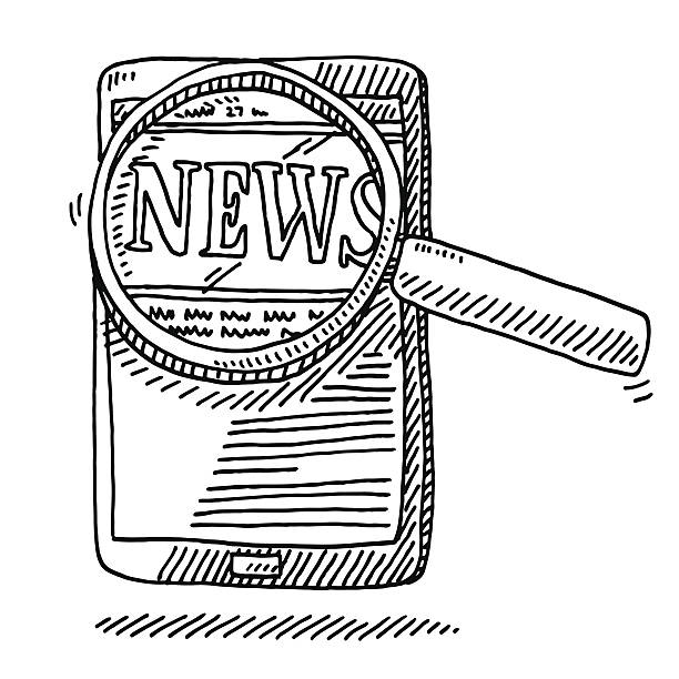 zeitung zylinderlupe smartphone-zeichnung - newspaper doodle the media line art stock-grafiken, -clipart, -cartoons und -symbole
