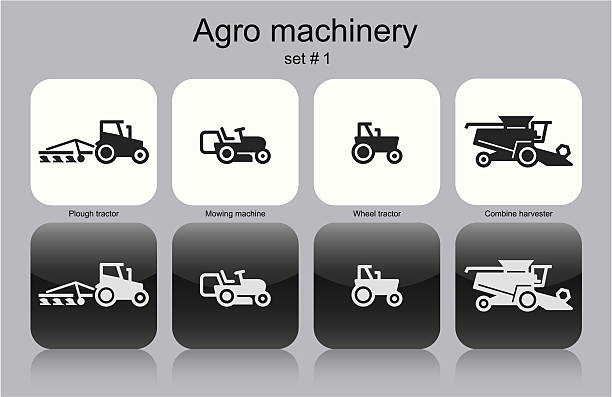 Agro machinery icons Agro machinery in set of monochrome icons. Editable vector illustration. tractor mowing stock illustrations