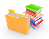 Colorful books and yellow folder.
