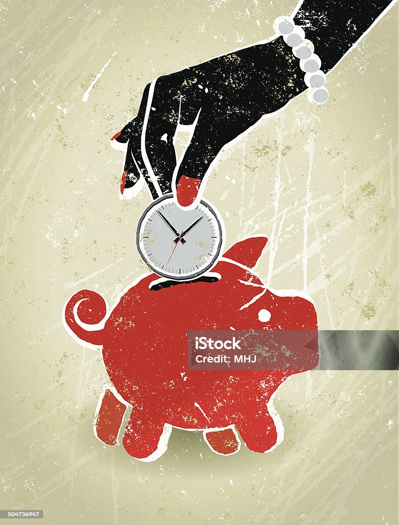 Save Time, Businesswoman's Hand, Clock and Piggy Bank Saving Time!A stylized vector cartoon of a business woman's hand putting a clock in a piggy bank. Reminiscent of an old screen print poster and suggesting time, save time, saving, deadline, time management, efficiency or speed. Hand, piggy bank, clock, paper texture, and background are on different layers for easy editing. Please note: this is an eps 10 illustration and clipping masks have been used. Adult stock vector