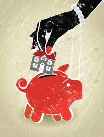 Home Finance, Businesswoman's Hand, House and Piggy Bank