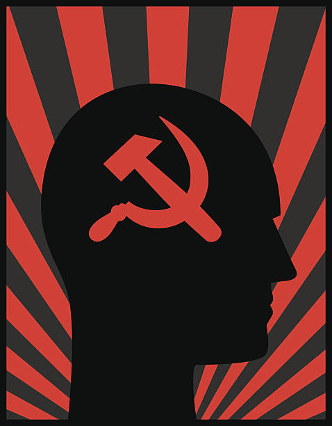 Head Profile Hammer And Cycle Vector illustration of a head profile with a hammer and cycle in it against a red and dark gray striped background. marxism stock illustrations