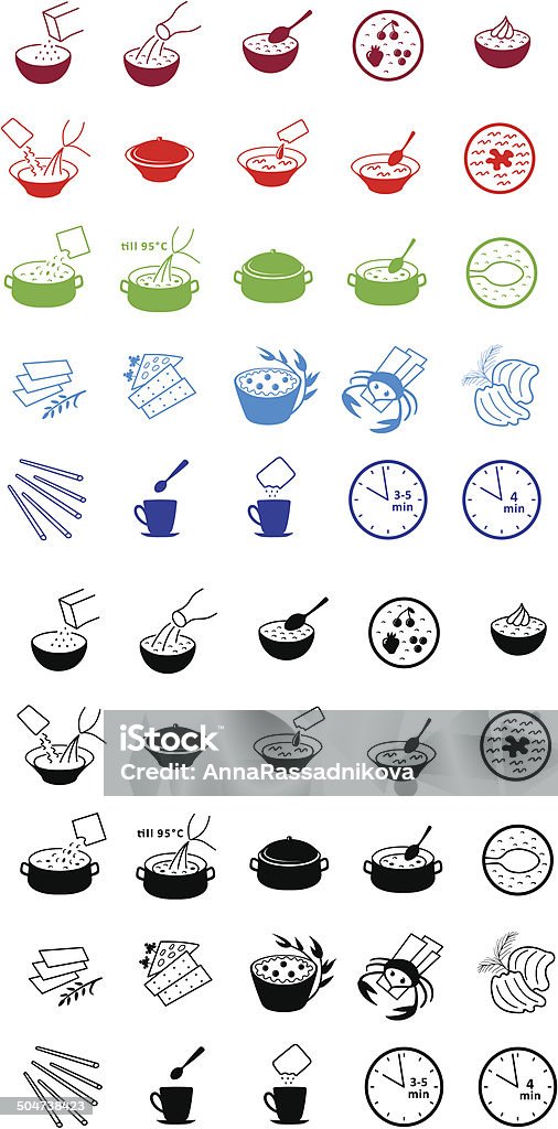 Fast food cooking process icons Colored & black fast food cooking process outlined icons isolated on white background. EPS 8 stock vector. Bag stock vector