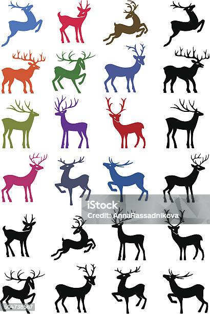 Colored Black Outlined Deer Vector Silhouettes Stock Illustration - Download Image Now - Deer, Antler, Number 12