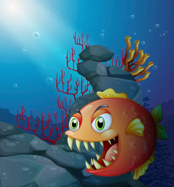 Vector illustration of Scary piranha under the sea near the rocks