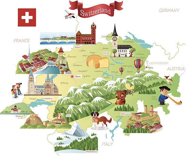 illustrations, cliparts, dessins animés et icônes de carte de dessin animé de la suisse - switzerland