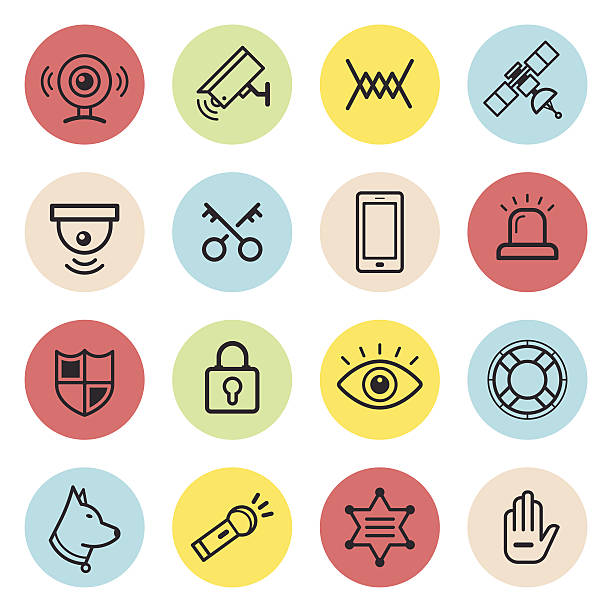 Security Icon Set Line security icons inside colorful circles. neighborhood crime watch stock illustrations