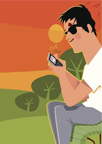 Vector illustration of Boy with sunglasses sending a message to sunset