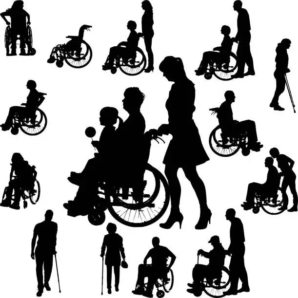 Vector illustration of Vector silhouettes of people in a wheelchair.