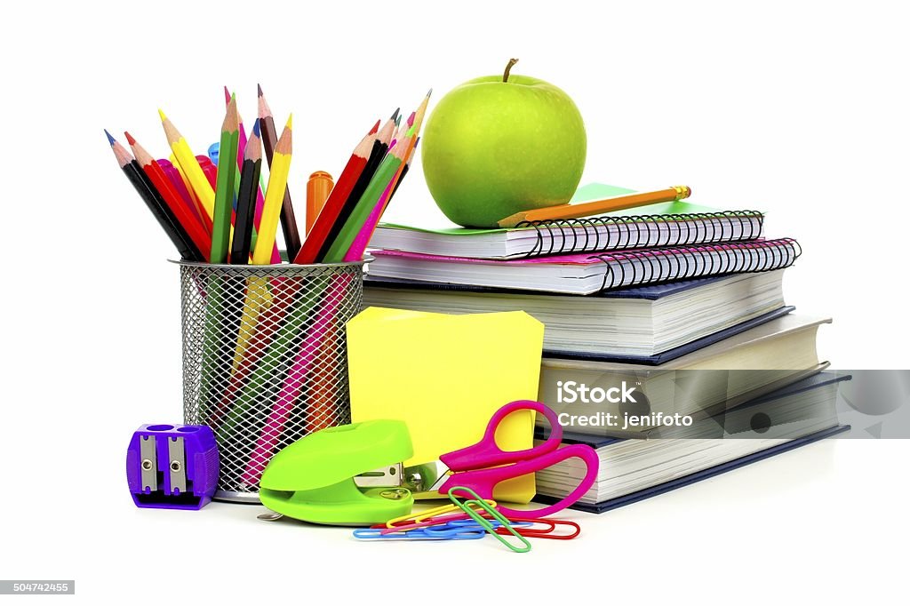 School Supplies And Books Stock Photo - Download Image Now - School Supplies,  White Background, Apple - Fruit - iStock