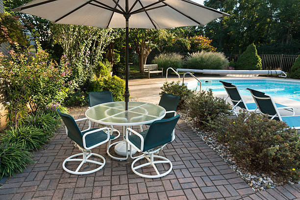 Landscaped Backyard Patio and Pool stock photo