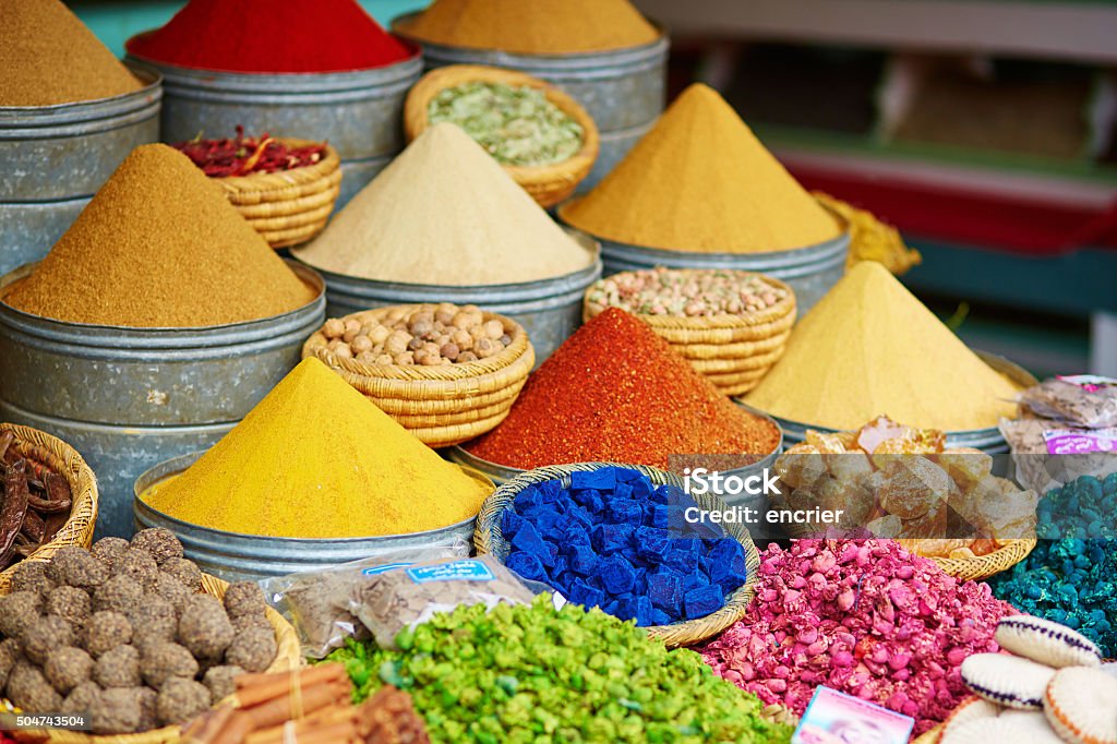 Selection of spices on a Moroccan market Selection of spices on a traditional Moroccan market (souk) in Marrakech, Morocco Marrakesh Stock Photo