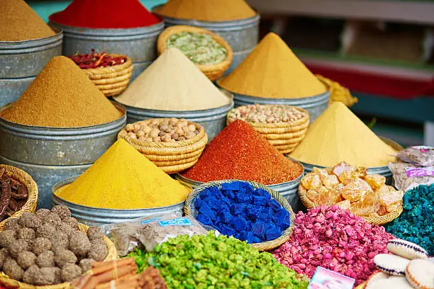 Selection of spices on a traditional Moroccan market (souk) in Marrakech, Morocco