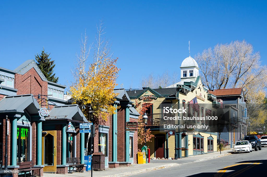 Breckenridge, Colorado Breckenridge, Colorado, USA - October 12, 2015: Main Street runs through the town of Breckenridge, Colorado which was created in November 1859 by General George E. Spencer, the historic Town of Breckenridge is the most populous municipality of Summit County, Colorado, United States. The town is located at the base of the Tenmile Range. Summer in Breckenridge attracts outdoor enthusiasts with hiking trails, wildflowers, fly-fishing in the Blue River, mountain biking, nearby Lake Dillon for boating, white water rafting, alpine slides, and several shops up and down Main Street. In December 1961, skiing was introduced to Breckenridge when several trails were cut on the lower part of Peak 8, connected to town by Ski Hill Road. In the 50-plus years since, Breckenridge Ski Resort gradually expanded onto Peak 9 and Peak 10 on the south end of town, and Peak 7 and Peak 6 to the northwest of town. Colorado Stock Photo