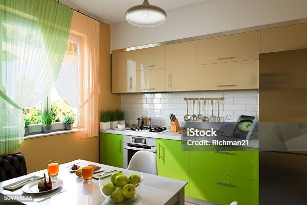 3d Illustration Of Kitchen With Beige And Green Facades Stock Photo - Download Image Now