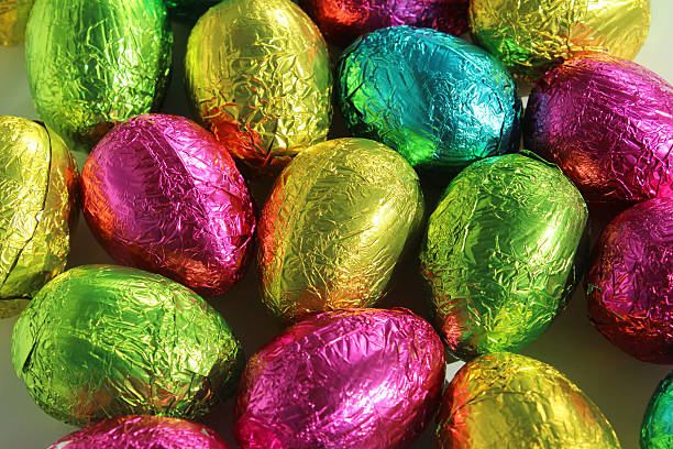 istock Image of chocolate Easter eggs covered with shiny coloured foil 504746022