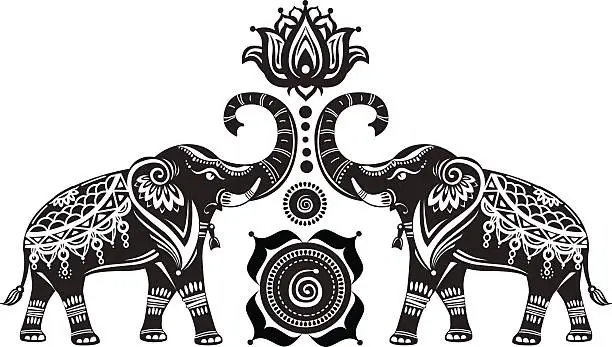 Vector illustration of Stylized decorated elephants and lotus flower