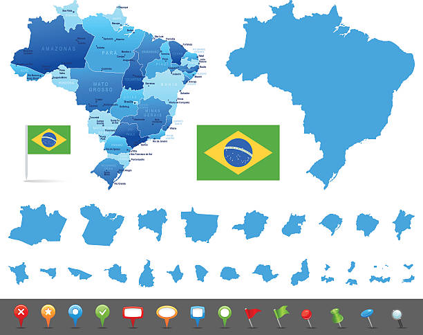 맵 브라질-미국, 도시 및 탐색 아이콘 - santos stock illustrations