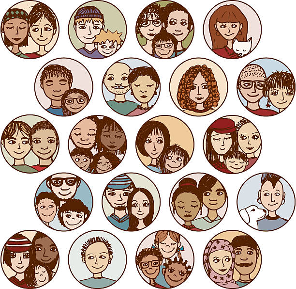 families, couples, friends, siblings, singles Hand drawn images of families, couples, friends, siblings, singles... multicultural, multiethnic, mixed & patchwork - #2 diverse family stock illustrations