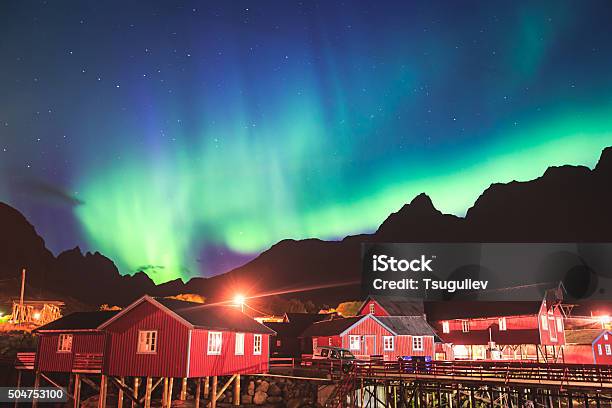 Massive Vibrant Aurora Borealism Northern Lights In Norway Lofoten Islands Stock Photo - Download Image Now