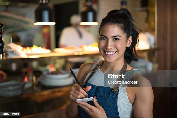 Happy Waitress Working At A Coffee Shop Stock Photo - Download Image Now - Waitress, Serving Food and Drinks, Australia