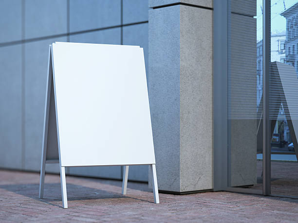istock White advertising stand near office building. 3d rendering 504759190