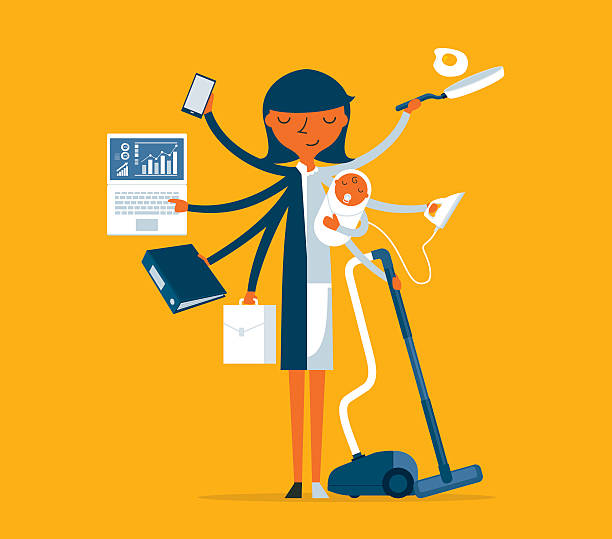 Super Mother businesswoman and mother, career and motherhood divided versatility stock illustrations
