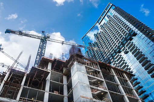 High rise construction in Brickell Downtown District Florida, USA. After years of no construction because the real state bubble disaster, building construction is back to Miami