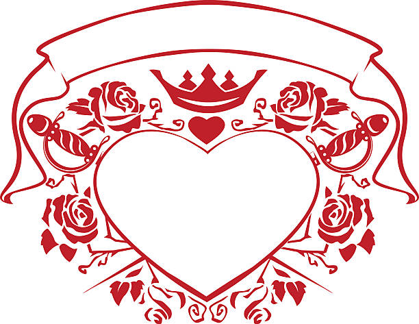 illustrazioni stock, clip art, cartoni animati e icone di tendenza di simbolo di amore forma cuore, pugnale, corona, nastro e rose - crown nobility ornate illustration and painting